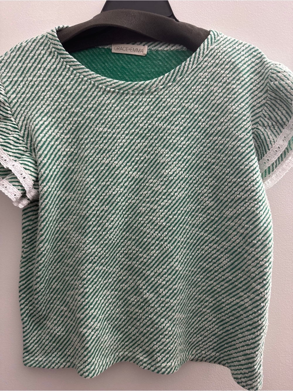 Grace + Emma Green & White Textured Striped Lace-Trim Short Sleeve Tee